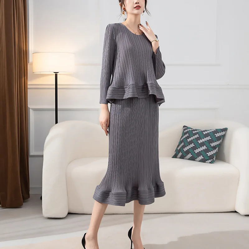 Miyake Women Pleated Suit Solid Long Sleeve Crew Neck Top Elastic High Waist Skirt High Street Style 2022 Summer Fashion  Suit