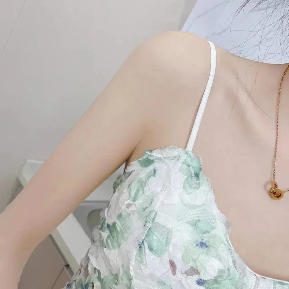 

Blouse Sleeveless Vest Green Summer Hot Girl Style Daily Wear Floral Design Short Style Slightly Elastic Fabric