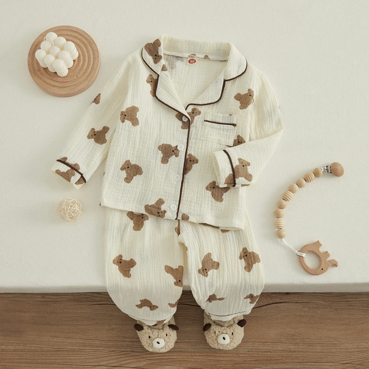 VISgogo Kids Unisex Cotton Linen Pajama Suit Bear Print Long Sleeve Front Pocket Lapel Tops Long Pants Spring Clothes Casual Set