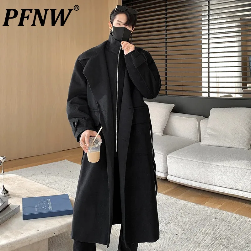 

PFNW New Trendy Men's Woolen Coat Casual Fake Two-piece Belt Cotton Thickening Long Solid Color Male Autumn Windbreaker 12C970