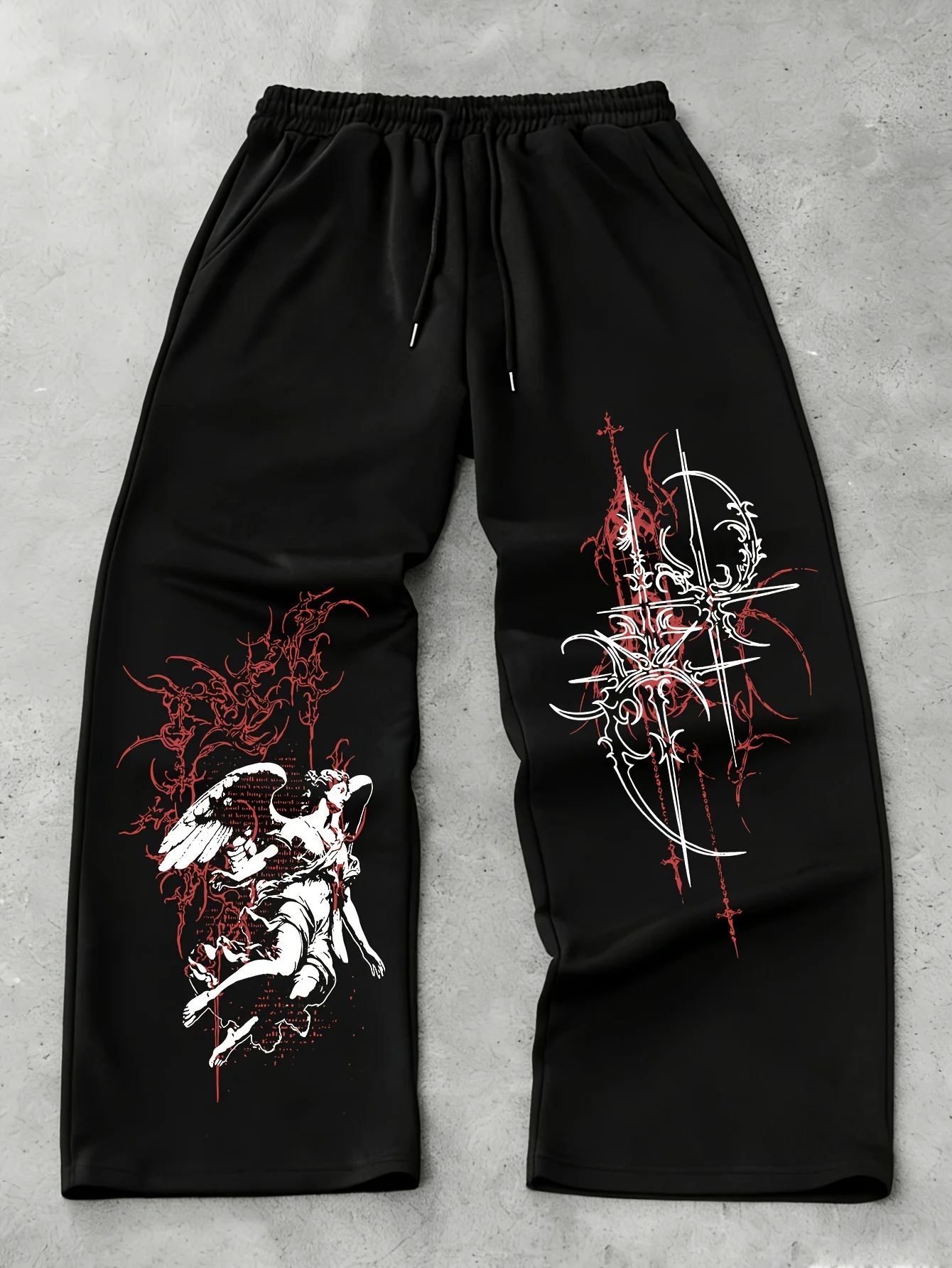 2627 Unisex Neue Gerade Jogginghose mit Gothic-Engel-Kreuz-Print, Lose Hose, Dark-Punk-Streetwear, Y2K, Lässige Lange Hose – Detail 6
