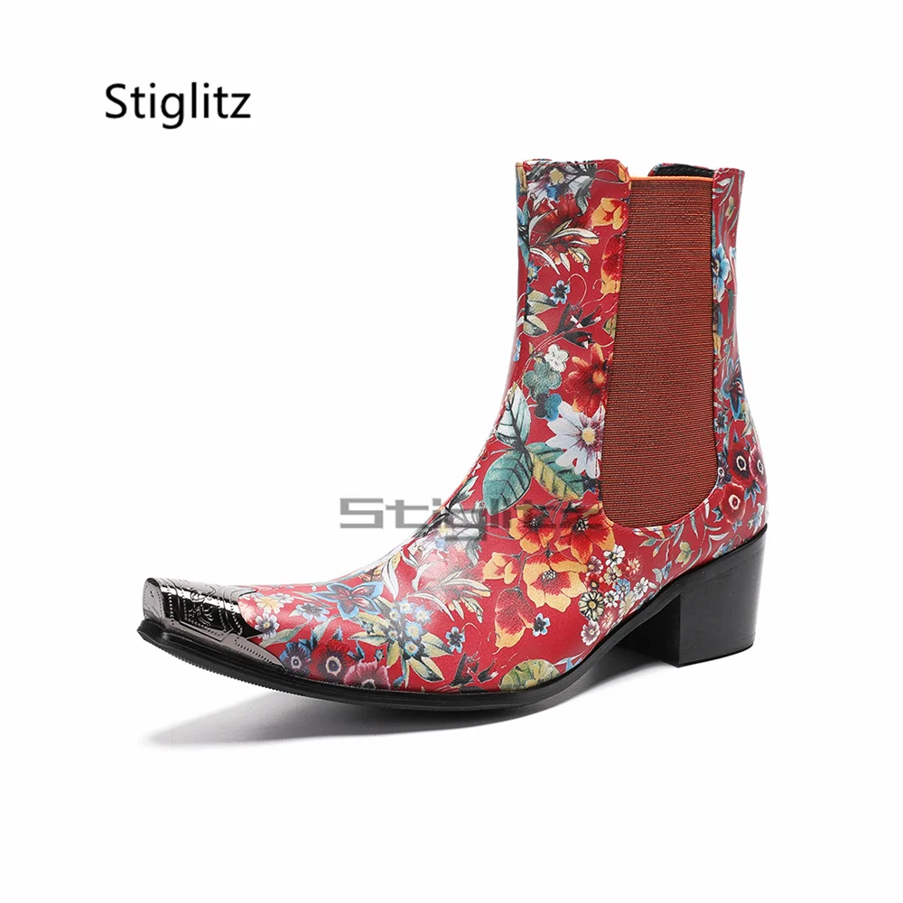 

Men's High Heels Flowers Print Chelsea Boots Pointed Metal Toe Stretch Band Ankle Western Boots Trendy Dress Party Shoes