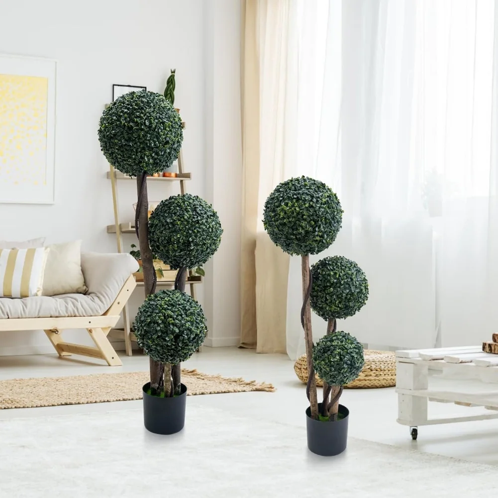 

35/45 Inch Artificial Triple Ball Boxwood Topiary Tree Fake Boxwood Topiary Ball Trees Milan Grass Ball Tree for Indoor Outdoor