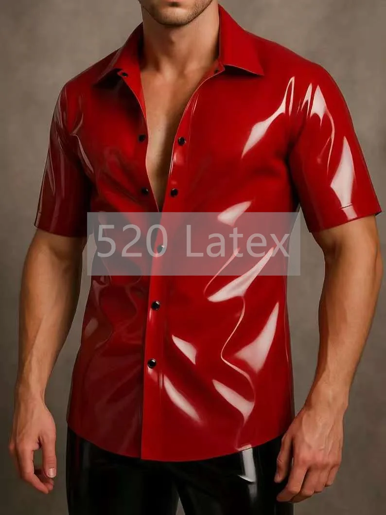 

Мужская рубашка из натурального латекса с воротником и коротким рукавом, фетиш на передних пуговицах, сексуальный резиновый повседневный топ, латексная рубашка-поло, наряд на Хэллоуин