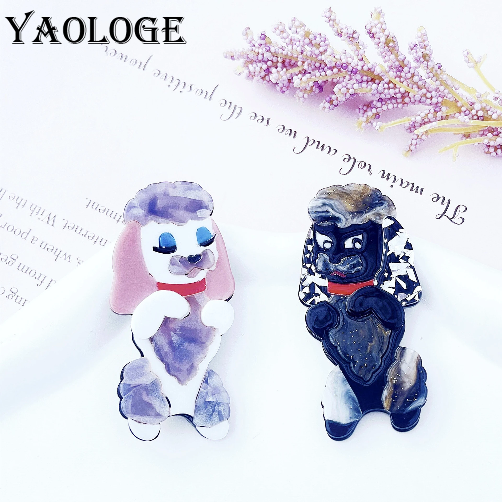 

YAOLOGE New Black And White Cute Couple Puppy Brooch Clip Cartoon Acrylic Animal Poodle Brooch High-end Clothing Accessories