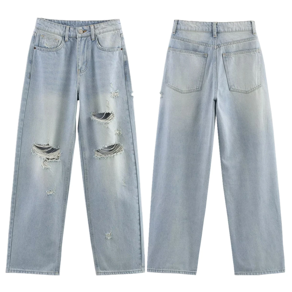 

Maxdutti Vintage Sky Blue Denim Pants Women American Washed Ripped Jeans Minimalist Women's Boyfriend Style Jeans
