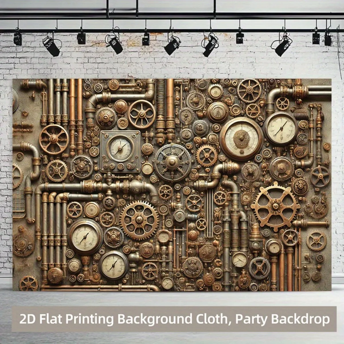 

One 2D flat piece of steampunk mechanical gear and pipe polyester background, industrial retro theme, room decoration