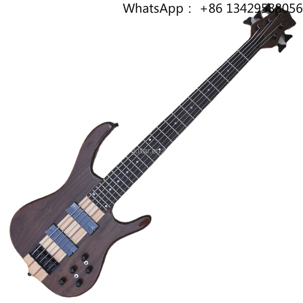 Flyoung Brown 5 Strings Electric Bass Guitar Professional Bass Guitar Neck Through Walnut Wood Bass
