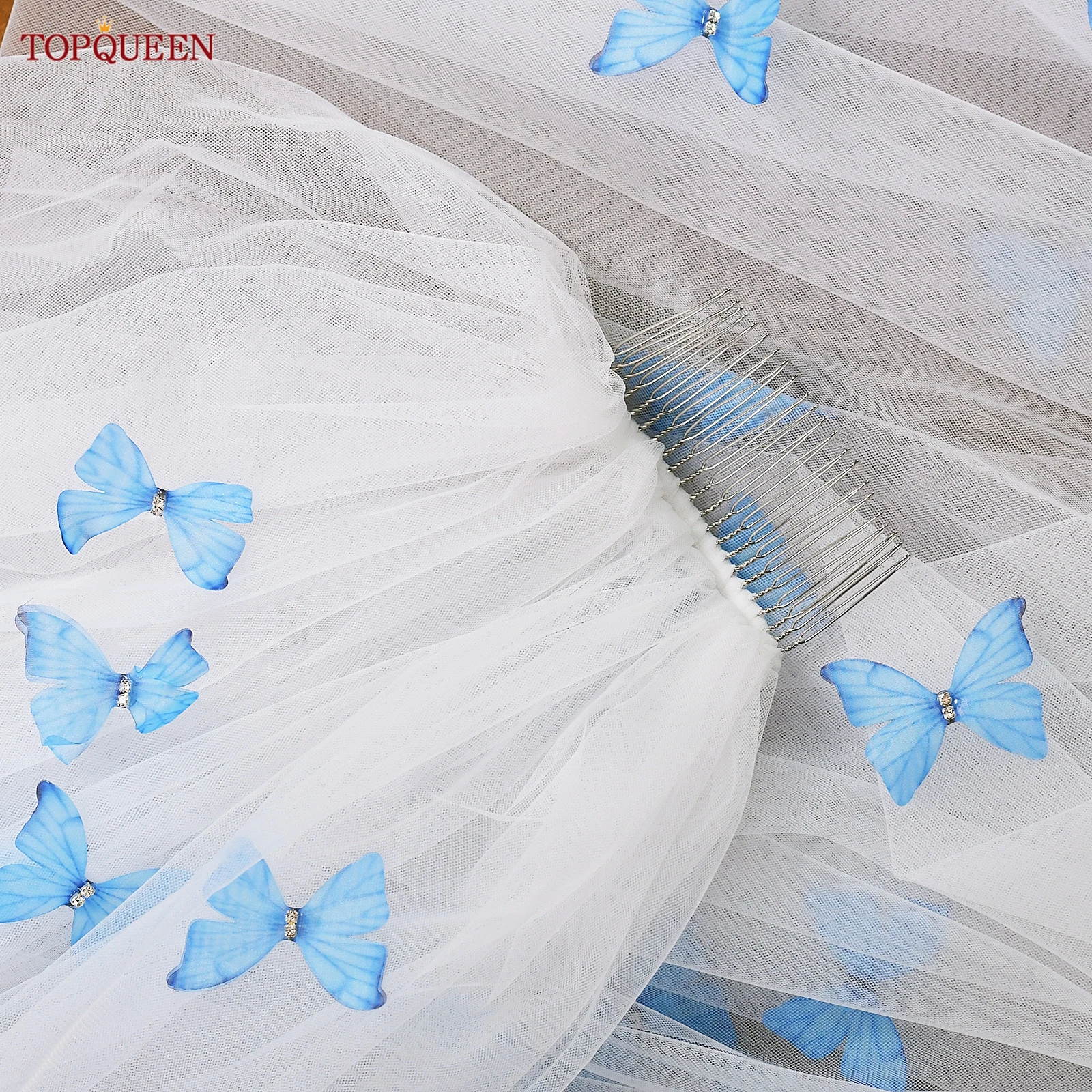 TOPQUEEN ثلاثية الأبعاد فراشة طرحة زفاف جميلة الأزرق فراشة الحجاب الزفاف 3 متر اكسسوارات الزفاف للتخصيص M110 #6