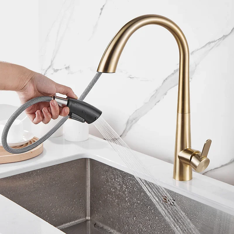 

Brushed Gold Kitchen Faucet Pull Out Faucet for Kitchen Sink Single Lever Pull Out Spring Spout Mixers Tap Hot Cold Water Crane