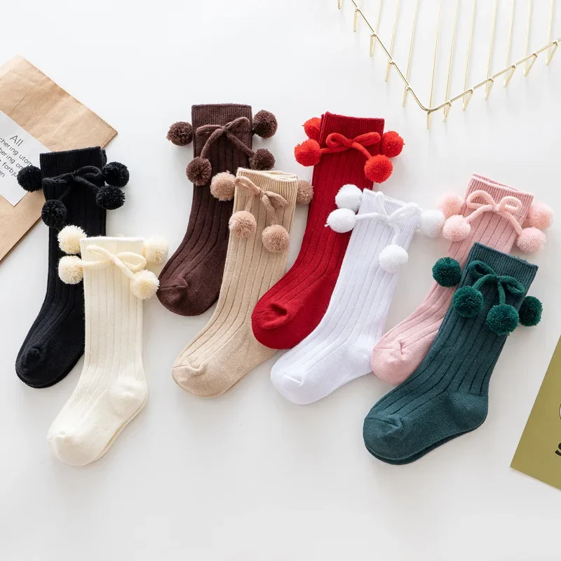 Autumn Winter Kawaii Baby Stockings Cotton British Princess Knee High Long Bow Pom Tube Socks for Girls Knitted Sock Warmer 0-4y