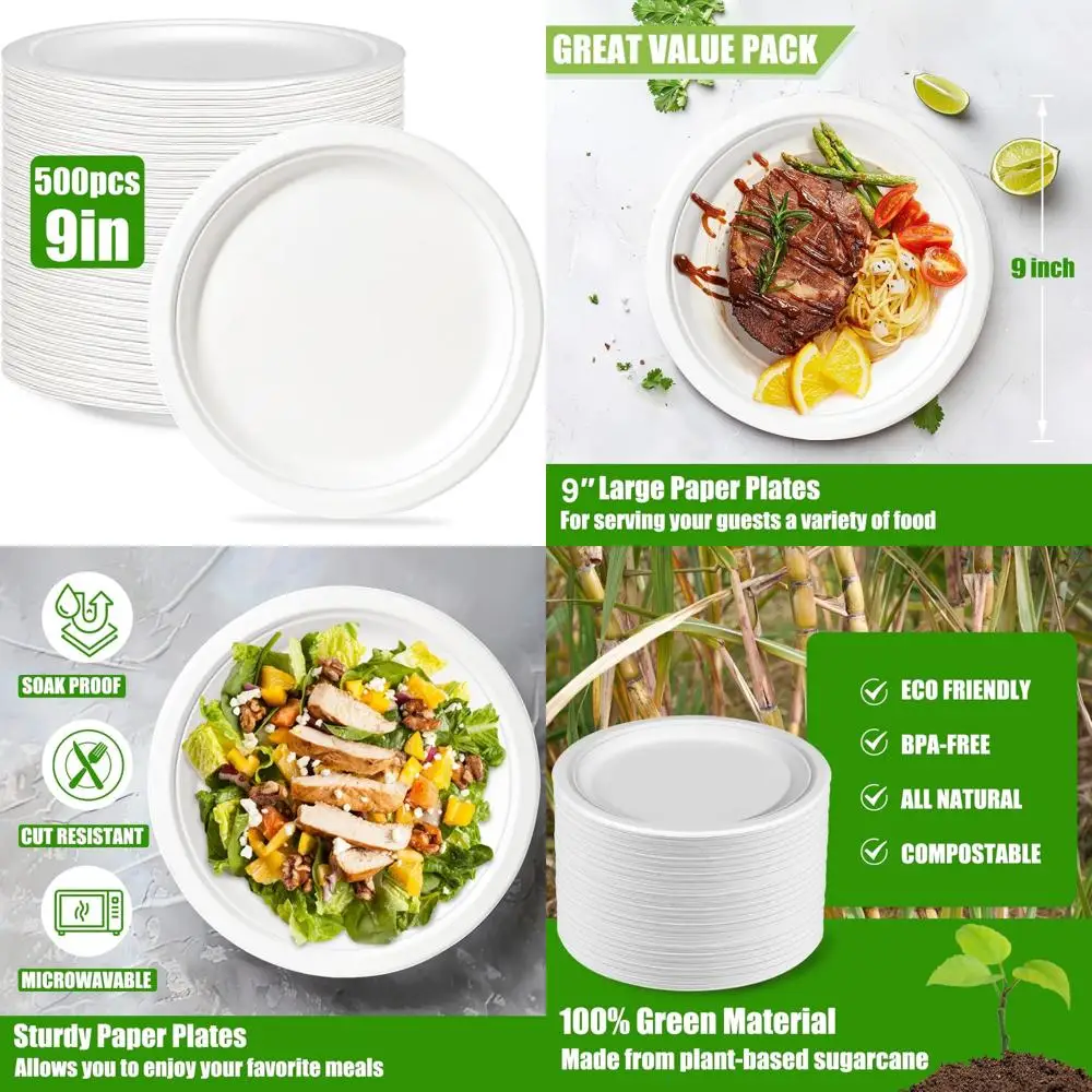 

Экологичные компостируемые 9-дюймовые бумажные тарелки, 500 шт., прочные одноразовые тарелки для мероприятий и торжеств на открытом воздухе