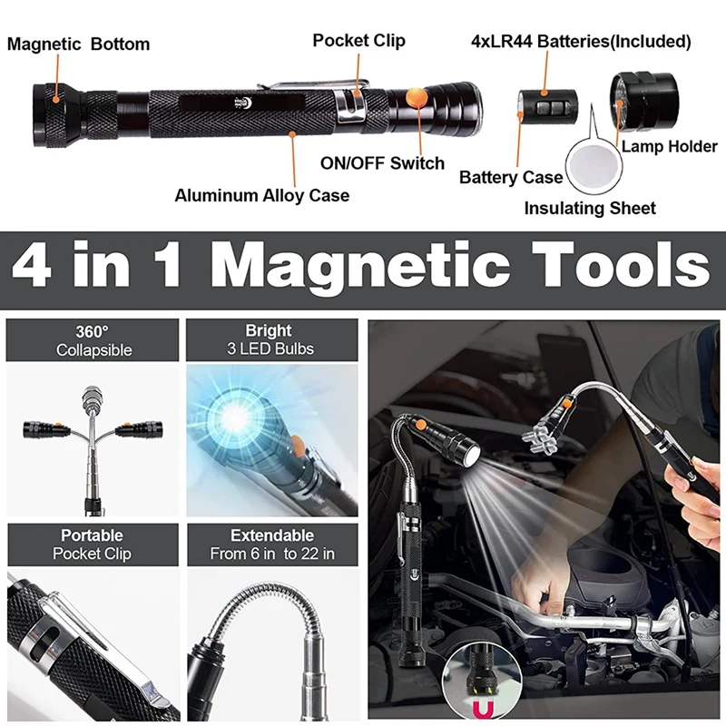 New Retractable Magnetic Pickup Kit 360-Degree Rotating Adjustable Inspection Mirrors And Retractable Flexible Flashlights