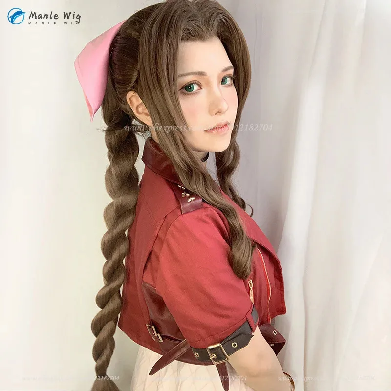 FF7 에어리스 게인스보로 코스프레 85cm 긴 갈색 꼬리 머리 내열성 합성 애니메이션 가발 + 가발 모자