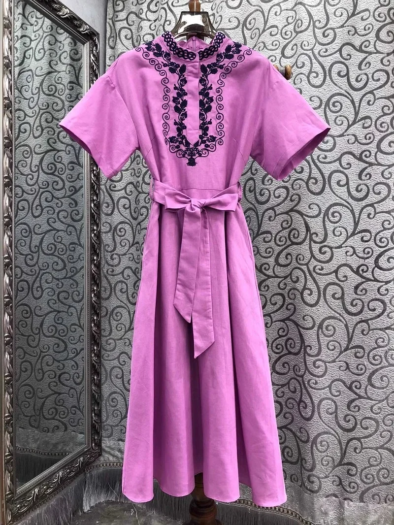 

Luxury Dress 2025 Summer Fashion Party Women Exquisite Embroidery Short Sleeve Mid-Calf White Purple Blue Cotton Linen Dress