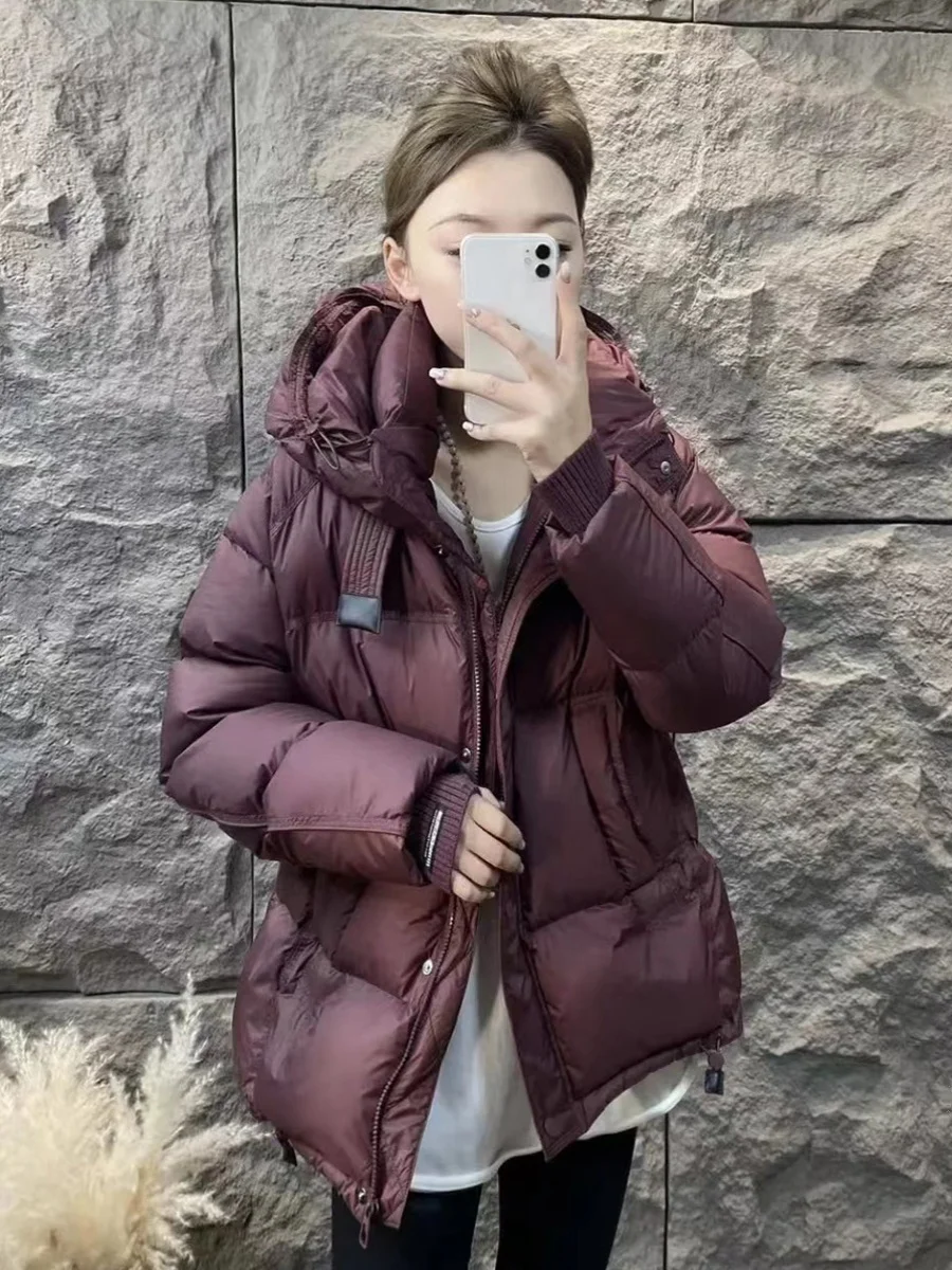 Korean Style Women's Hooded Thickened Winter Coat Warm Bread Style Casual Outerwear Long Sleeve Zipper Closure  Color