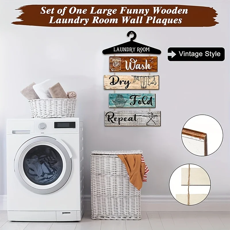 Retro Laundry WallWooden Sign Wooden Washing,Drying,Folding,Repeated,Laundry Rules, Farmhouse Laundry Wall Hanging Art Decor