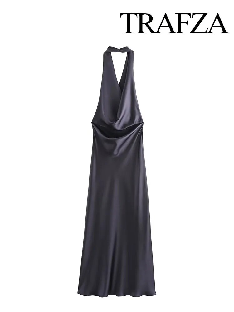 TRAFZA-Robe Mi-Longue en Satin pour Femme, Tenue Sexy, Dos aux, Col Frontal, Couleur Unie, Été