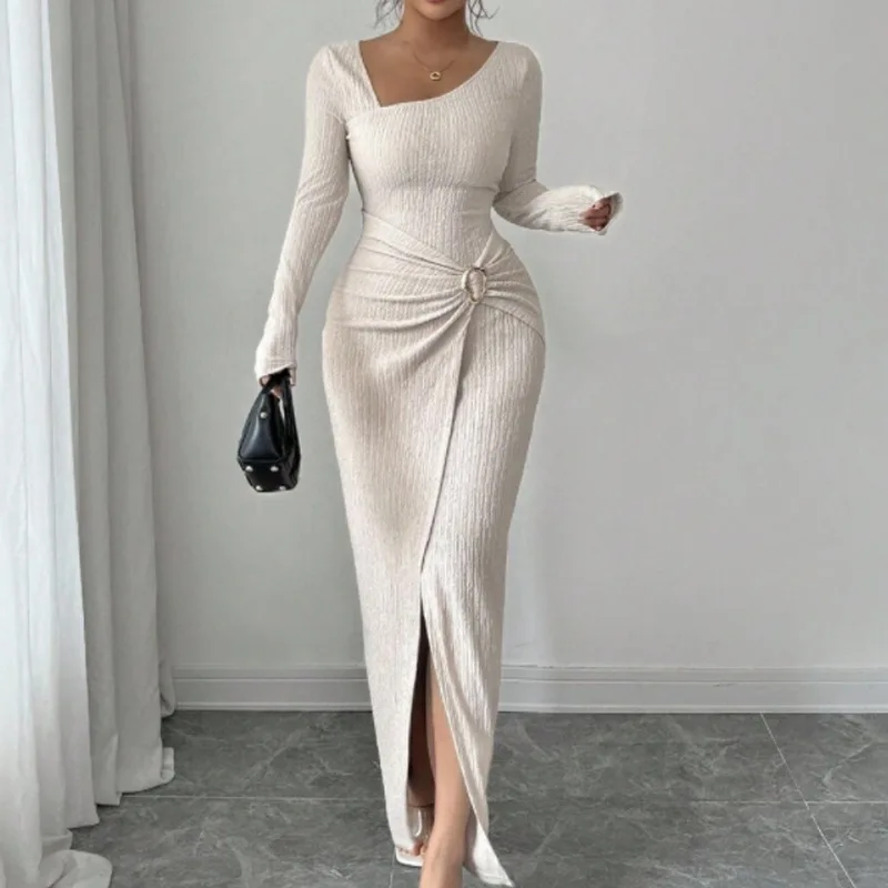 

New Style Elastic Polyester High Waist Gown Sexy Knitted Texture Long Sleeve Dress Slim Fit Women's Fashionable Dress