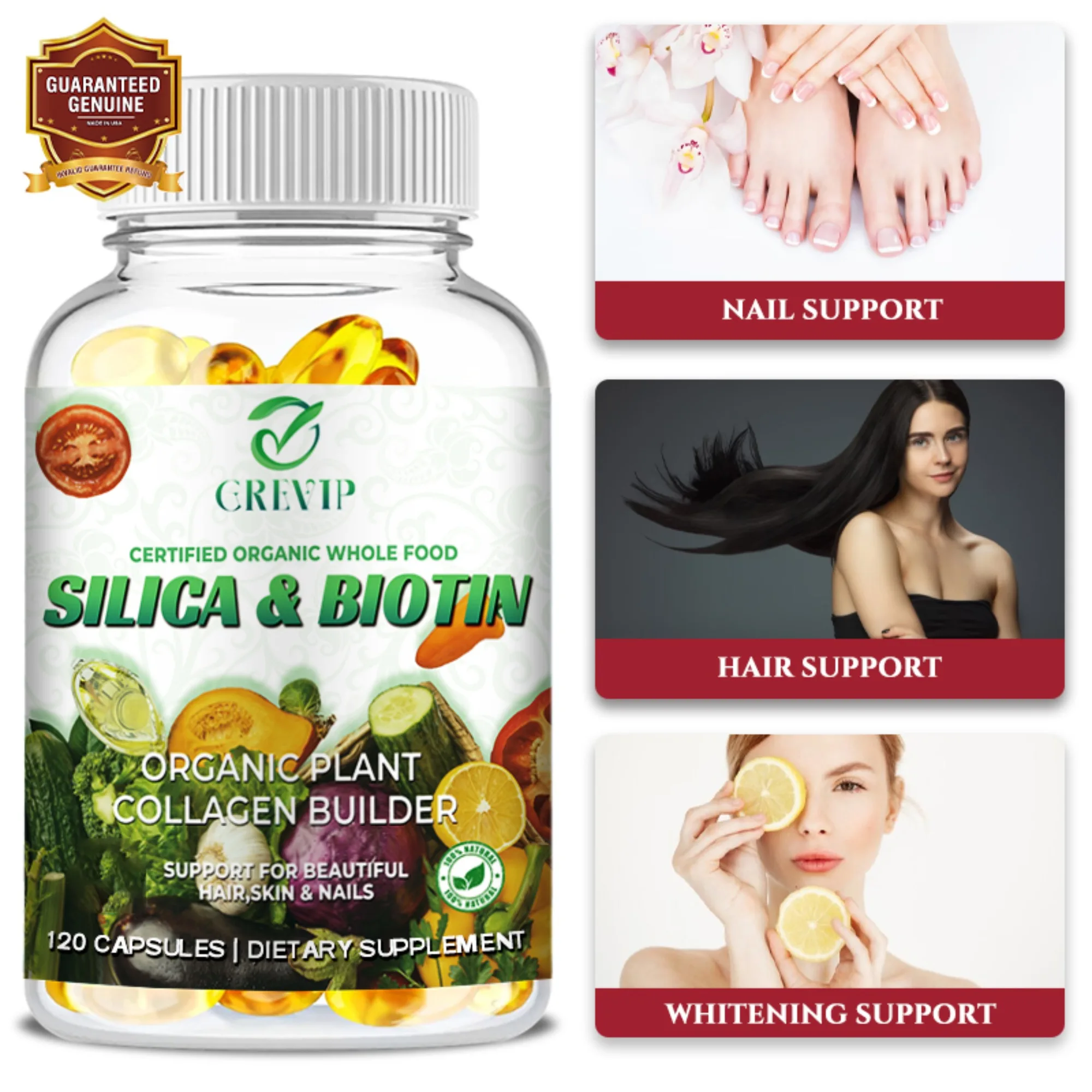 

Добавка с веганским коллагеном — Биотин — поддержка волос, кожи, ногтей и суставов — 120 капсул