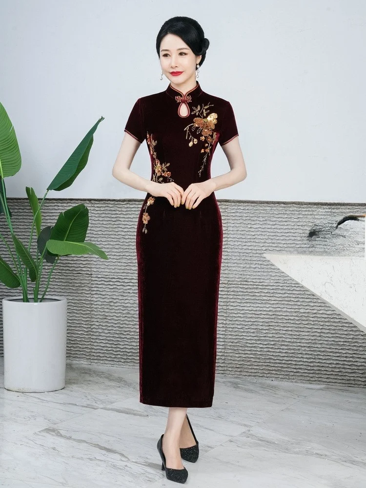 

Ele Long Velvet Qipao Dr Beaded Gold Tead Wedding Dinner ow Performance Slimming Mommy Wedding Banquet Gown
