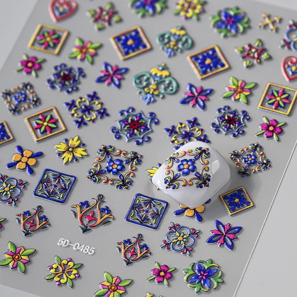 1pcs 5D Relief Boheemse Nail Art Stickers, Chique Bloemen Elegant Borduren Totem Boho Design Nagelbenodigdheden Decoratie Accessoires