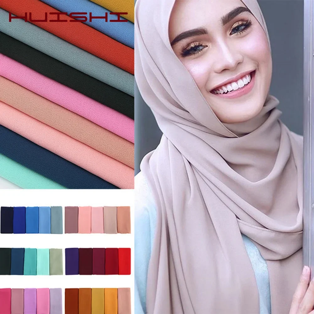 

HUISHI Head Scarf Women Bubble Chiffon Plain Scarf Hijab Women Wrap Solid Color Shawls Headband Muslim Hijabs scarves 61 colors