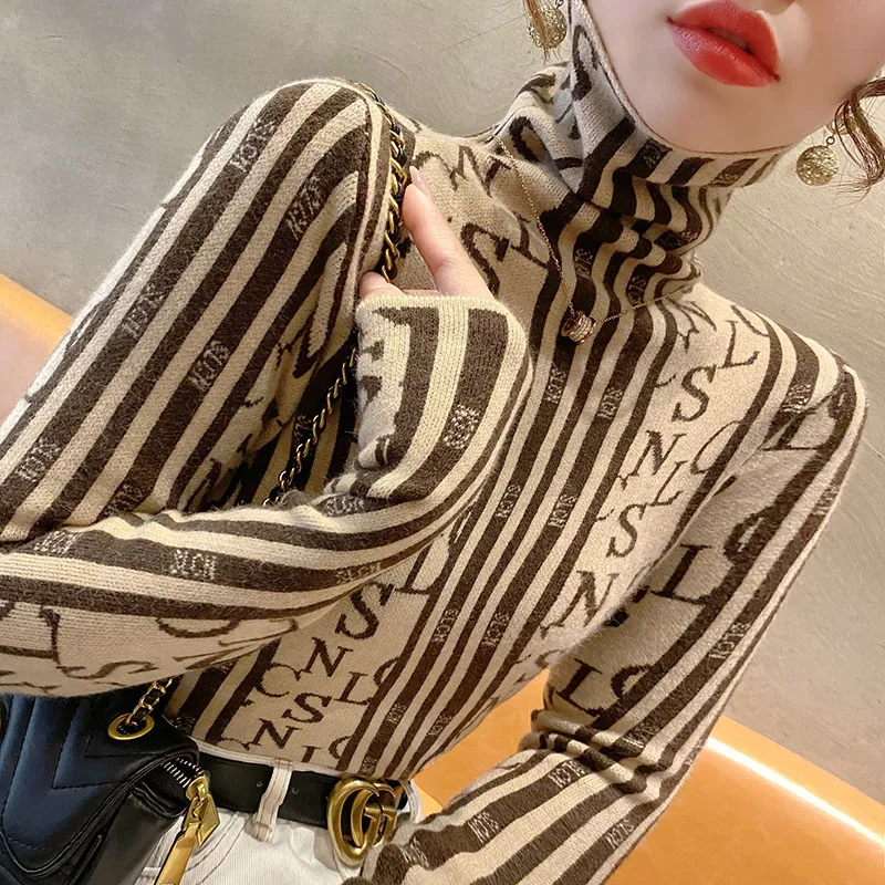 Women Clothing Turtleneck Vintage Letter Jacquard Sweaters Wool Knitted Fashion Slim Soft Elasticity Pullovers Spring Knitwear