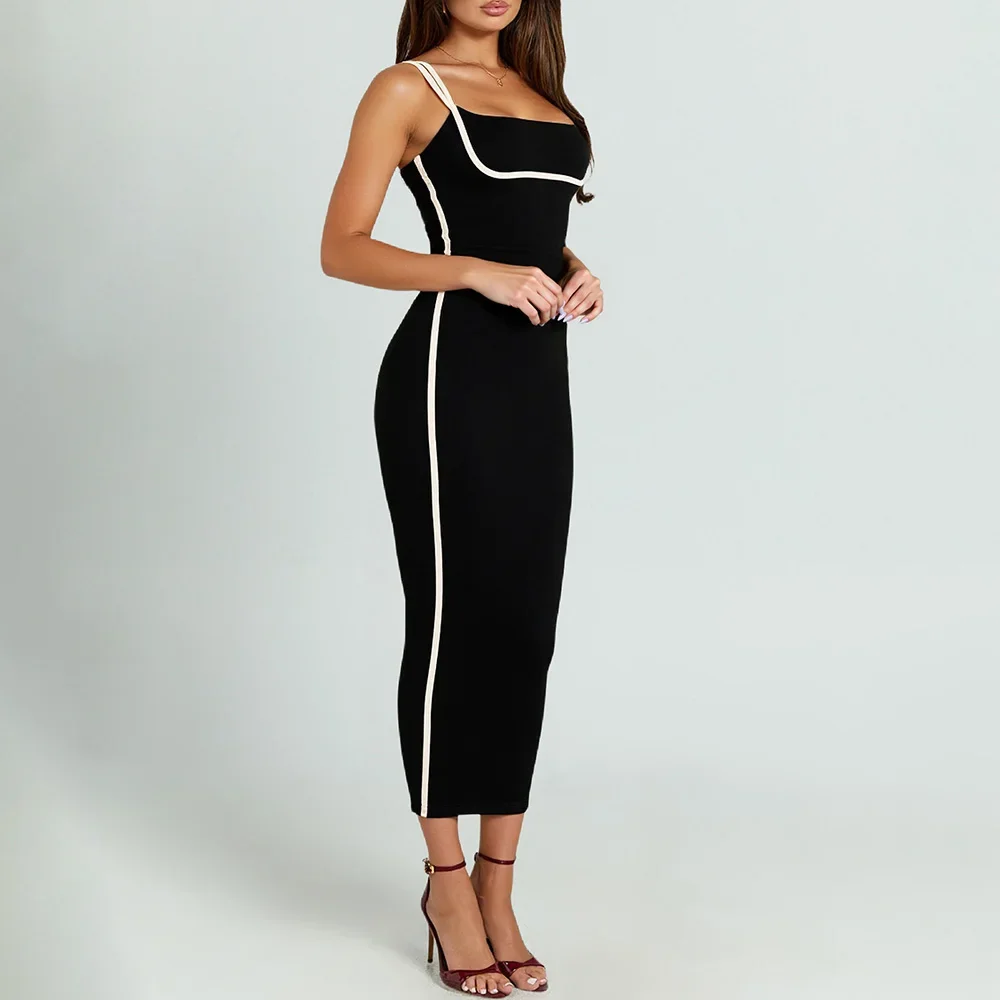 Dresses Summer Fitting Slim Korean Plain Bodycon Sleeveless Square Neck Cami Midi Vacation Dresses For Women