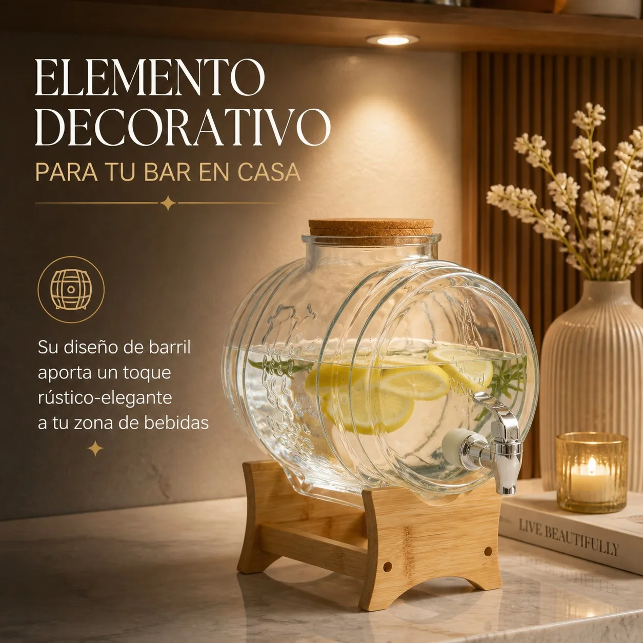 Distributeur de boissons en verre de 5 litres avec support en bambou naturel, robinet argenté et couvercle en liège, fût en verre pour bière, jus et cocktails lors de fêtes et d'événements.