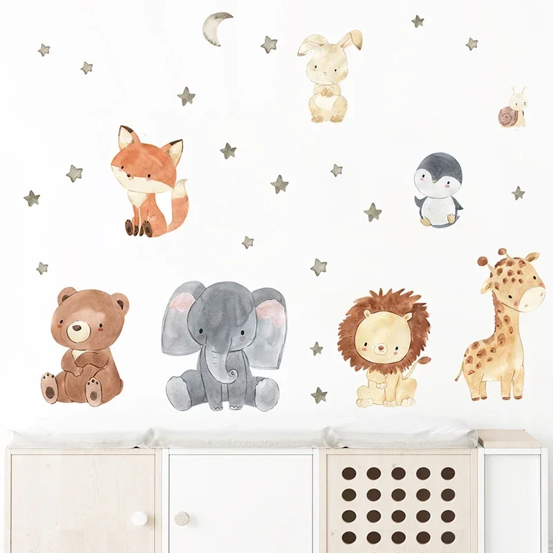 Watercolor Cartoon Cute Africa Animals Wall Stickers Elephant Giraffe Bear Fox Kids Room Wall Decals Decorative Sticker for Wall