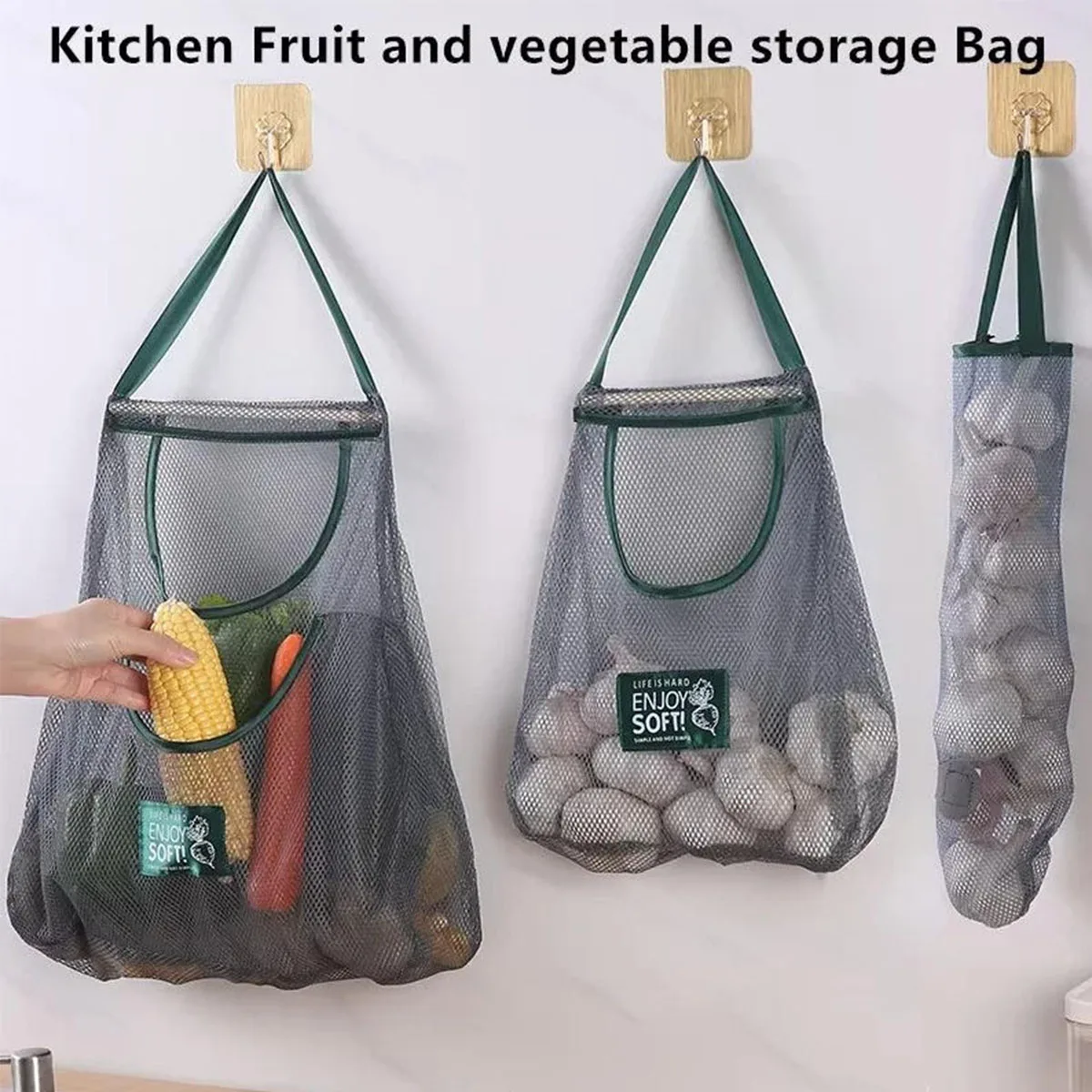 Reusable Hanging Mesh Storage Bag for Kitchen, Store Onion Potato Ginger Garlic Vegetables Home Use