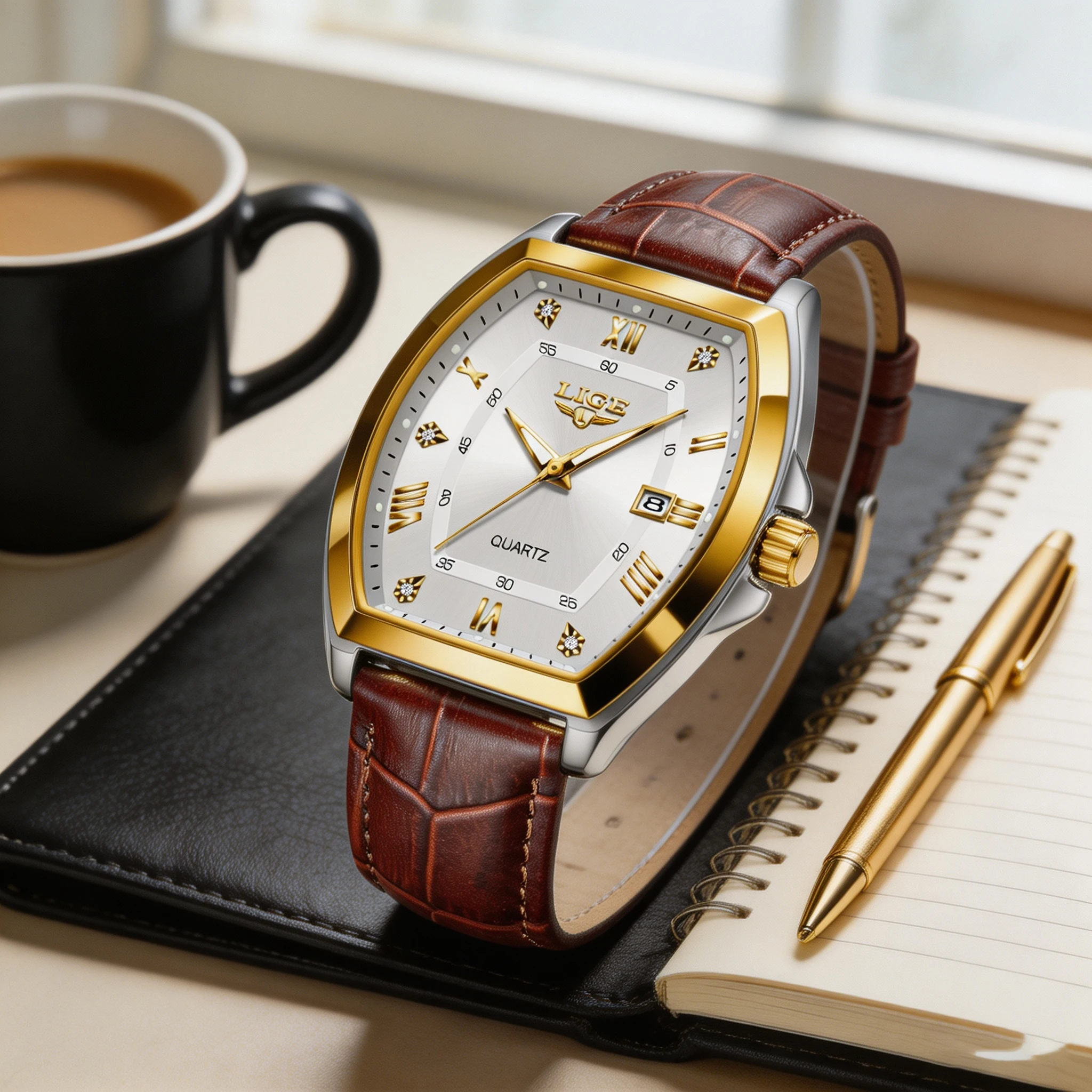 LIGE Men's Watches Luxury Tonneau Original Brand Diamond Dial Quartz Watch for Men Waterproof Luminous Week Date Male Wristwatch