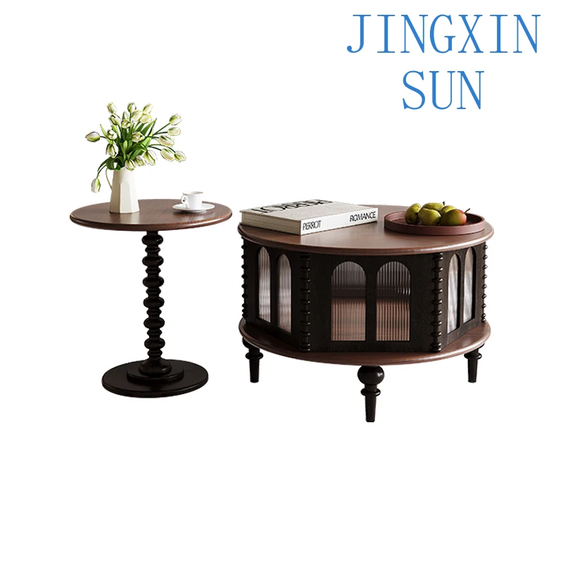 Japanese Luxury Design Simple Solid Wood Table With Storage Luxury Brown Or White Glass Coffee Table Round