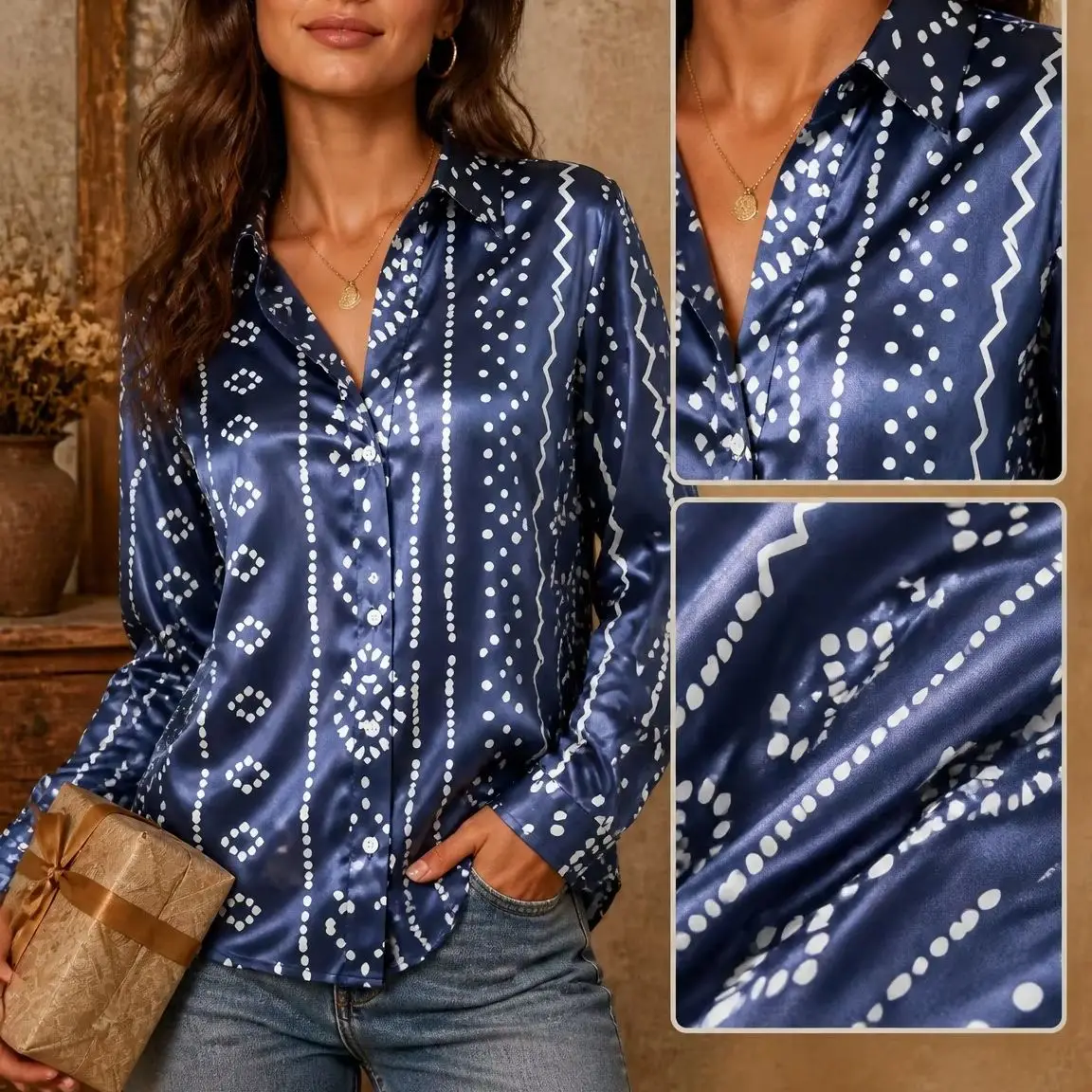 

Women's Satin Shirt with Geometric Print, Stylish Solid Color, Casual Loose Fit, Button-Down Long Sleeve Top (Summer/Autumn)