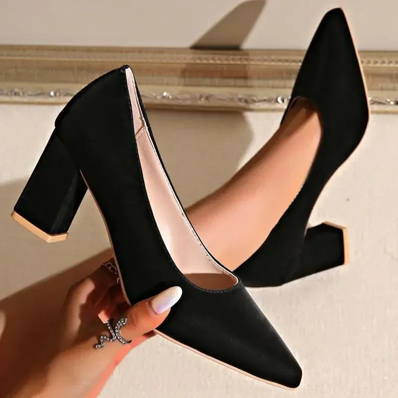 Rimocy Sexy Black Point Toe High Thick Heels Women\'s 2025 Spring Suede Leather Plus Size Pumps High-Quality Woman Office Heels