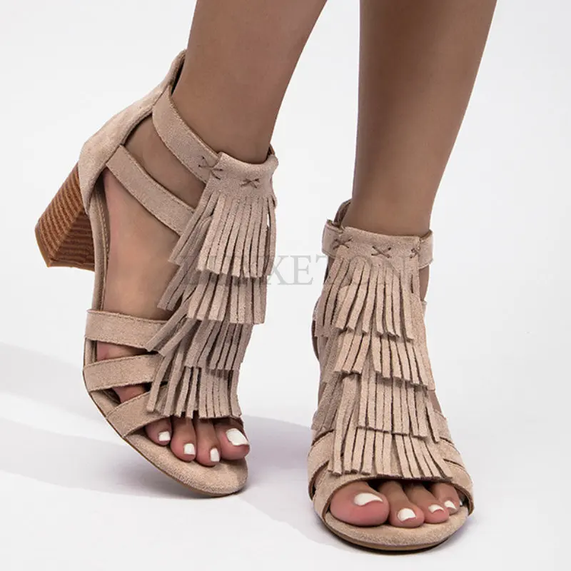 High Heeled Sandals Female Summer New Tassel Sandals Boots Fashion After The Zipper High-Heeled With Roman Women\'s Shoes