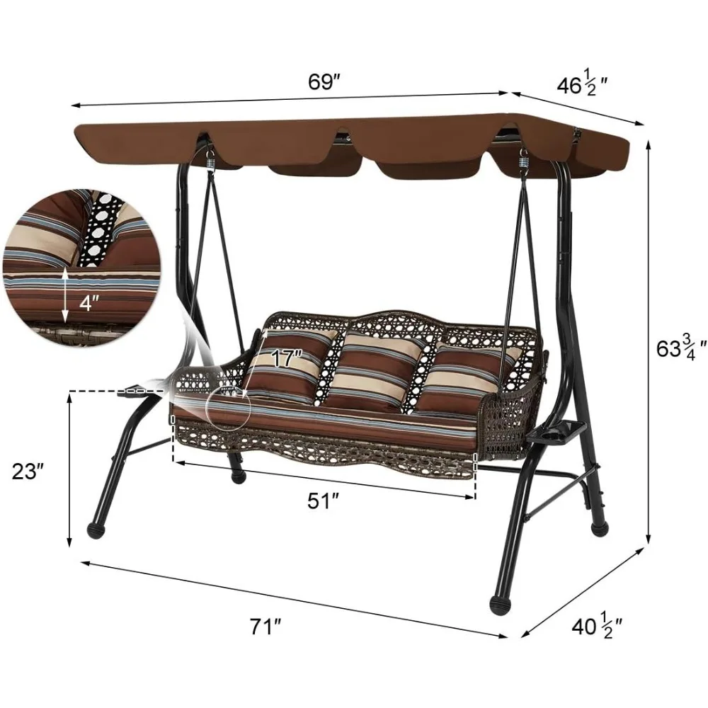3-Seat Outdoor Patio Swing Chair, Large Converting Canopy Porch Swing Glider, Hammock Lounge Chair for Porch, Rattan Wicker