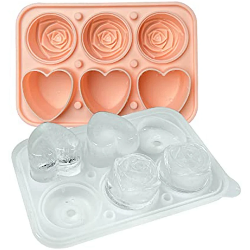 Roses Ice-Cube Mold Heart Shape Ice-Cube Tray Silicone Ice Mold Ice Ball Maker For Whiskey Cocktails Drinks, Pink