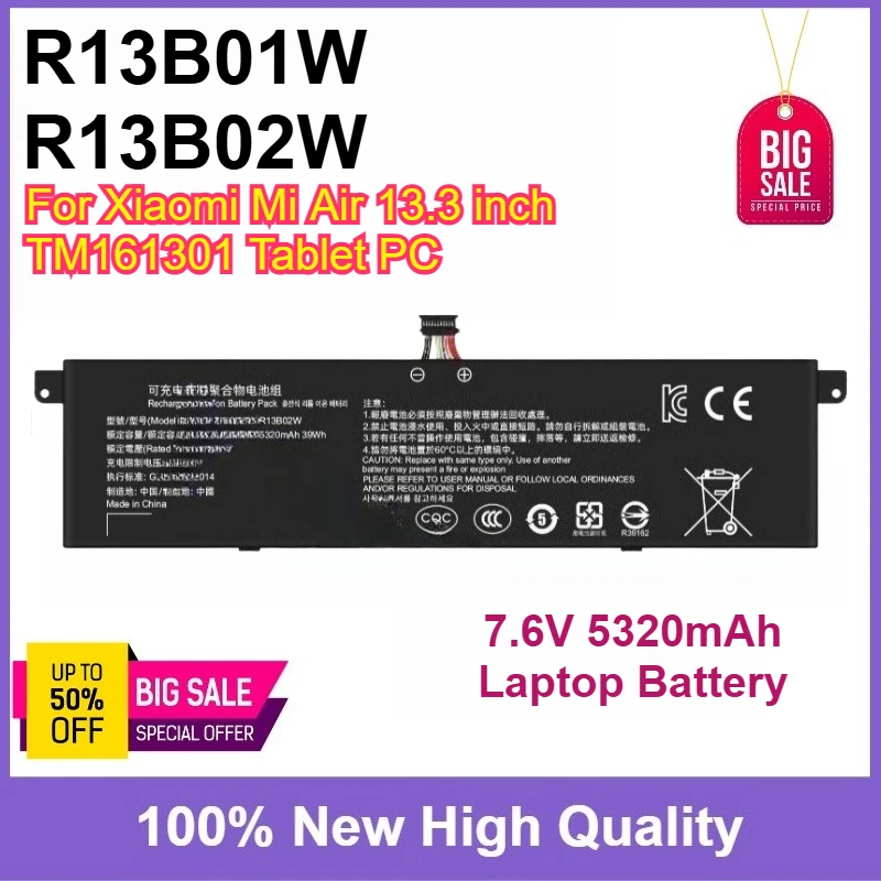 

New R13B01W R13B02W 7.6V 5320mAh Laptop Battery For Xiaomi Mi Air 13.3 inch TM161301 Tablet PC Fast Shipping In Stock