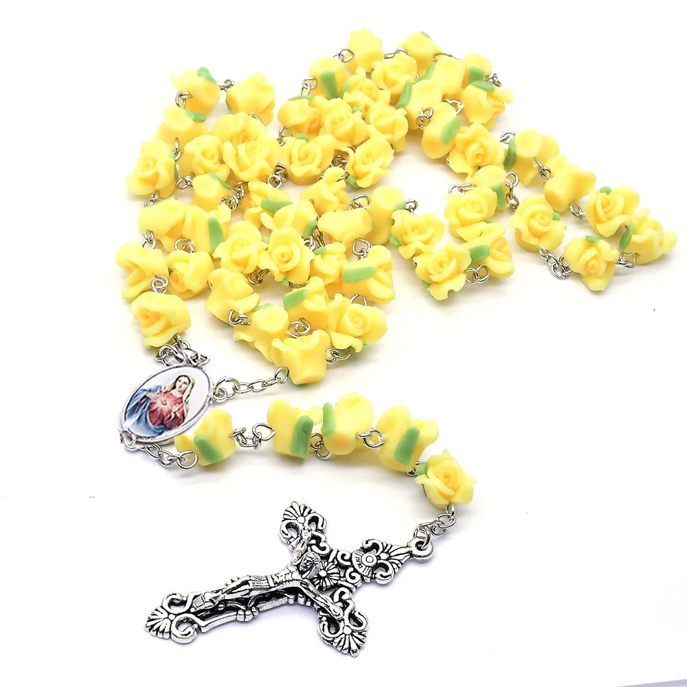 الملونة اليدوية بوليمر كلاي روز الصليب قلادة عقد خرز النساء ماريا يسوع الكاثوليكية المسيحية الدينية مجوهرات هدايا