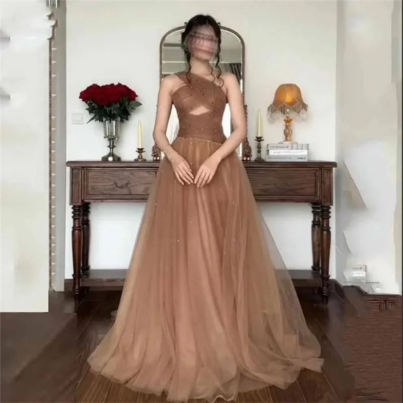 

Classic A-Line Tulle Prom Dress One Shoulder Sleeveless Draped Party Gowns Floor-Length Elegant Evening Dress Customized