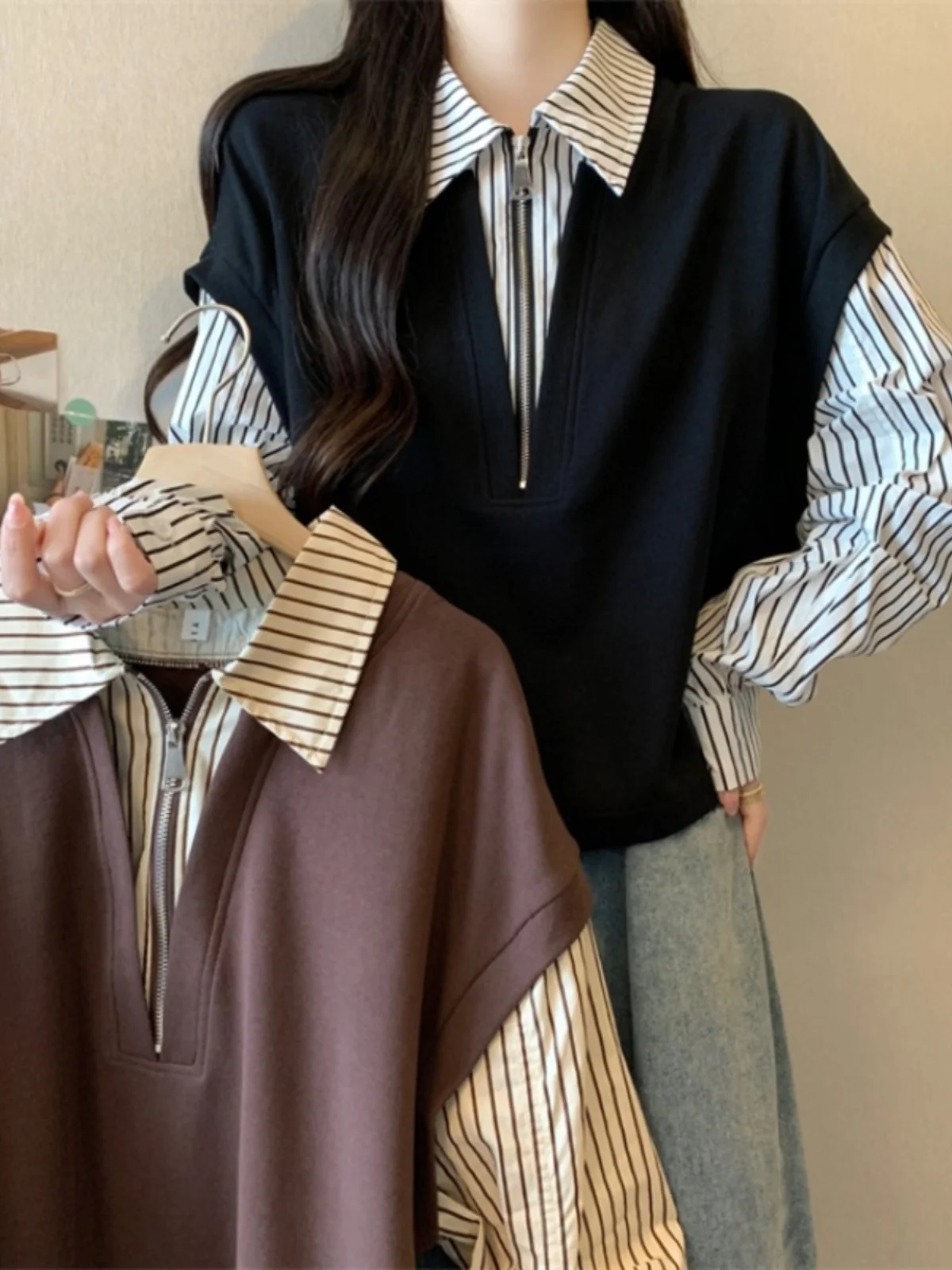 

Slimming Striped Long Sleeve Drawstring Women's Shirt Spring Season plus Size Fashionable Commute Style Korean Loose Fit