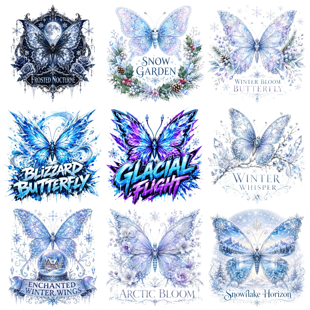 9 Pcs Winter Butterfly Iron on Transfers Hoodie DIY Crafts Washable heat transfer stickers casual style. iron on decals