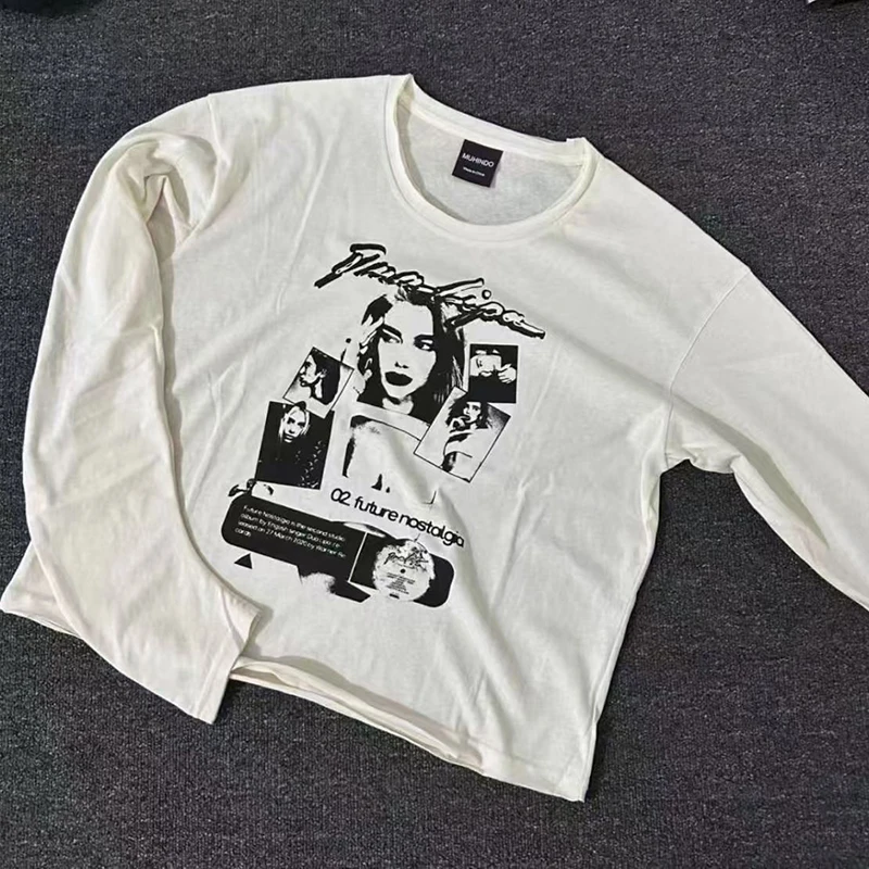 

Y2k 2025 High Street Portrait Alphabet Print Spring Autumn Retro Men's and Women's Casual White Long-sleeved T-shirt