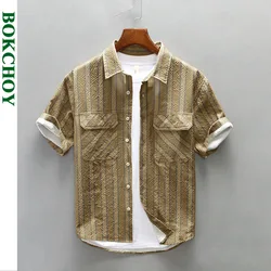 2024 Summer New Casual Loose Striped Short Sleeve Shirts Men Clothing Thin Soft Streetwear AZ236