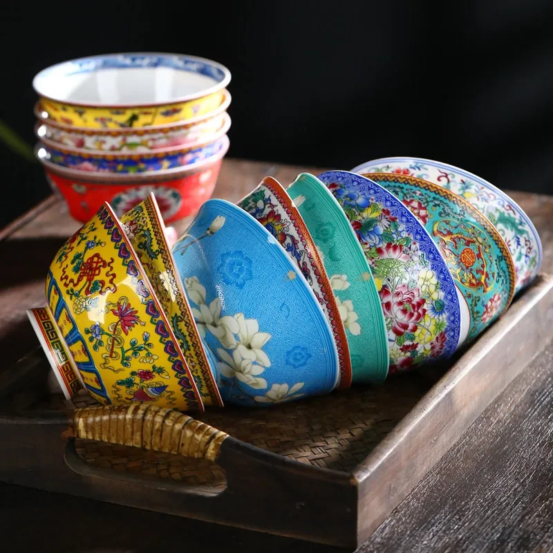 New Chinese Style Ceramic Bowl Enamel Colored Rice Bowl Kitchen Dish Set Bone Porcelain Household Bowl salad bowl set