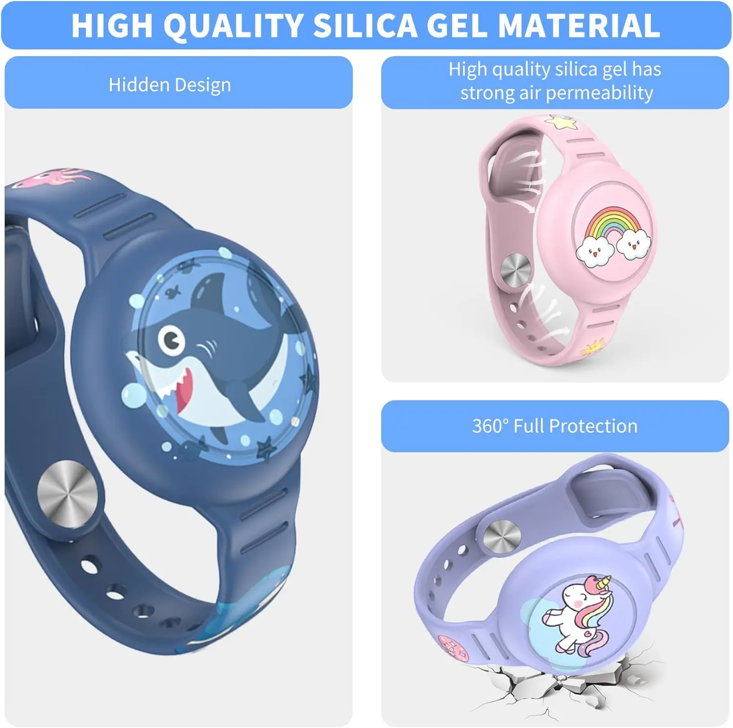 AirTag Bracelet for Kids, Waterproof Cute Cartoon Air tag Holder for Kids with Full Coverage Design Silicone Hidden Wristband
