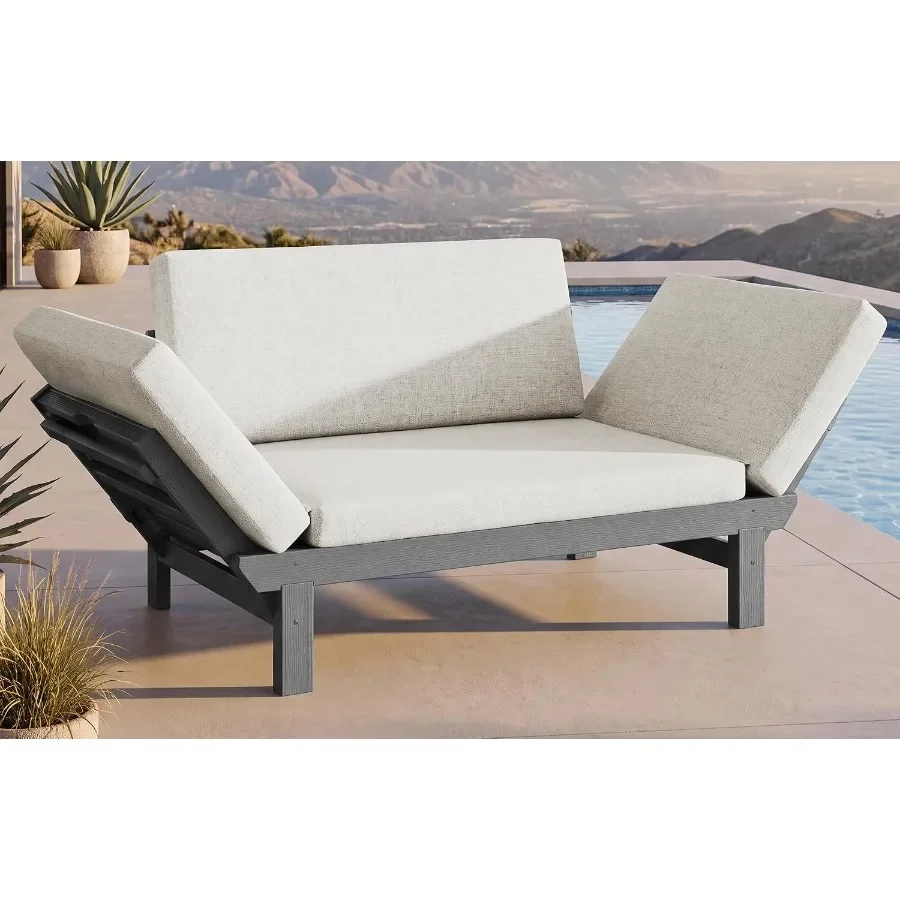 HDPE 4-in-1 Convertible Outdoor Sofa with Adjustable Armrests, Couch Sofa Bed, Collapsible Chaise Lounge with Cushion, Patio Lo