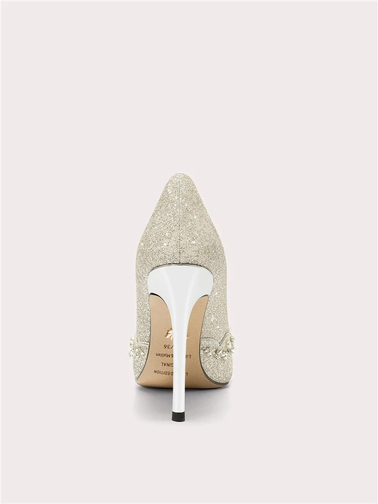 Spring pointed toe sequin face pearl beads rhinestone flat shoes banquet large size small size high heel wide version women shoe